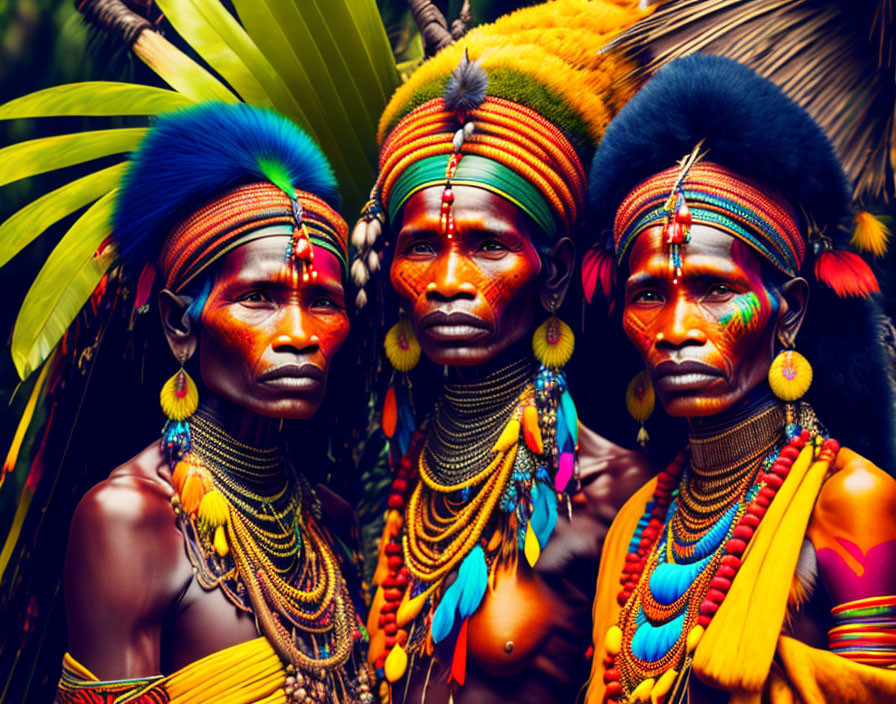 Three people in traditional attire with face paint and feathered headdresses.