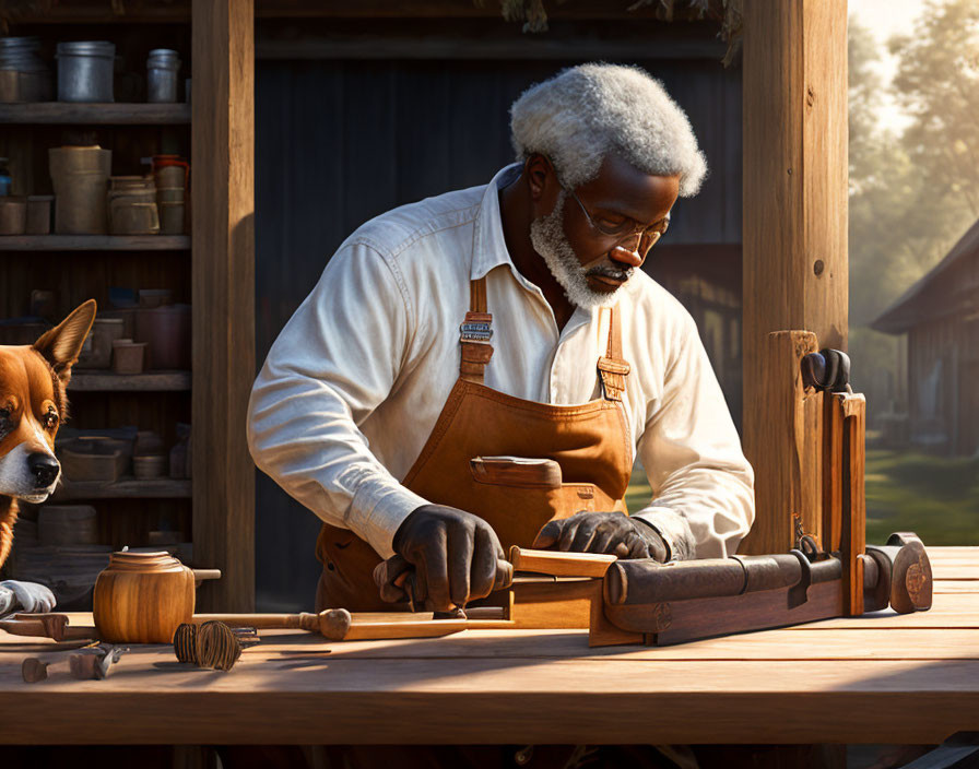 Elderly craftsman with white hair working on wooden piece with brown dog