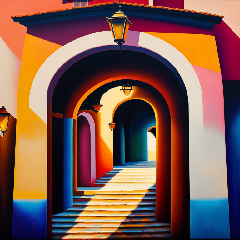 Colorful Arch-Lined Corridor with Hanging Lanterns and Shadows