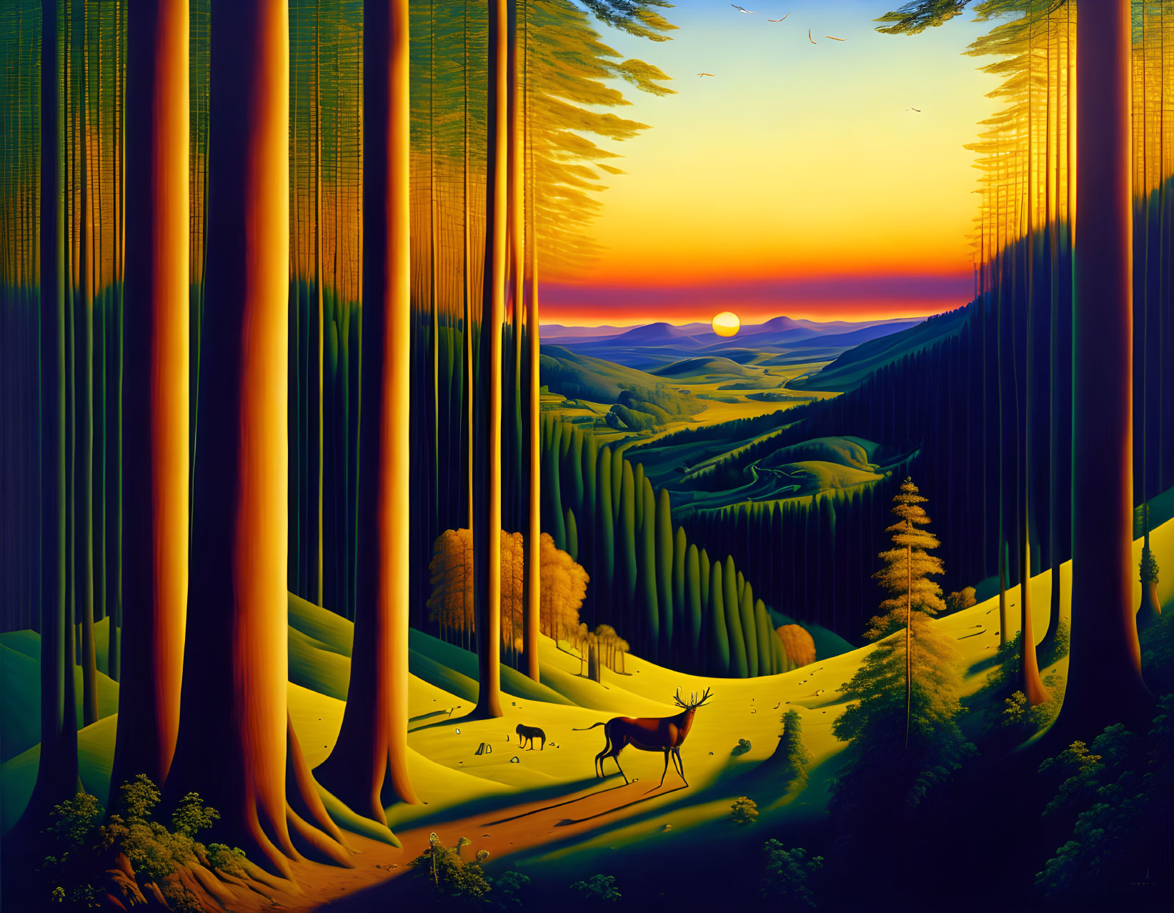 Stylized forest sunset with tall trees, deer, and birds