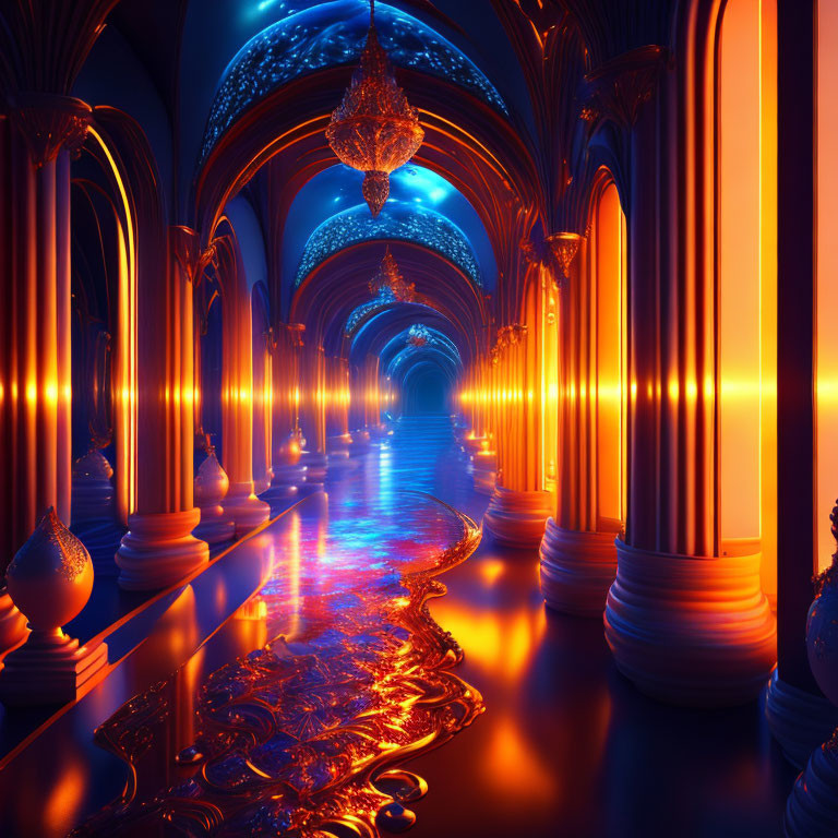 Futuristic hallway with glowing blue floors and red pillars