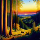 Stylized forest sunset with tall trees, deer, and birds