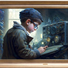 Young boy in cap and jacket typing on futuristic glowing machine in ornate frame