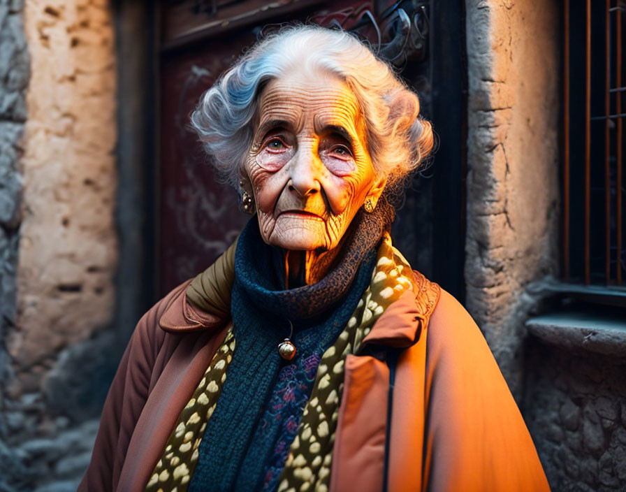 Elderly woman with white hair and scarf against rustic door background