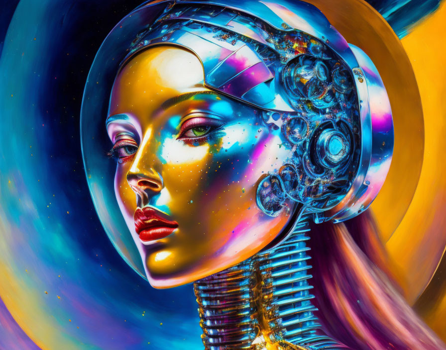 Female cyborg portrait with detailed mechanical headpiece against cosmic backdrop in blue, yellow, and orange hues