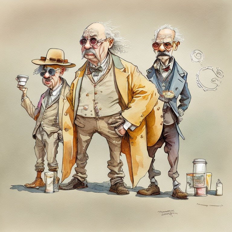 Three Elderly Men Caricatured in Vintage Clothing