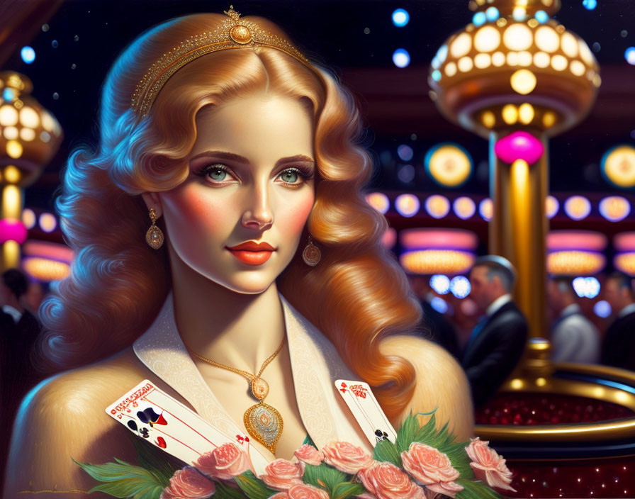 Blonde woman in card-themed dress against casino backdrop