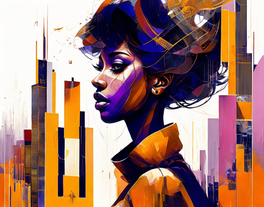 Colorful digital portrait of woman with abstract urban elements in purple, orange, and yellow.