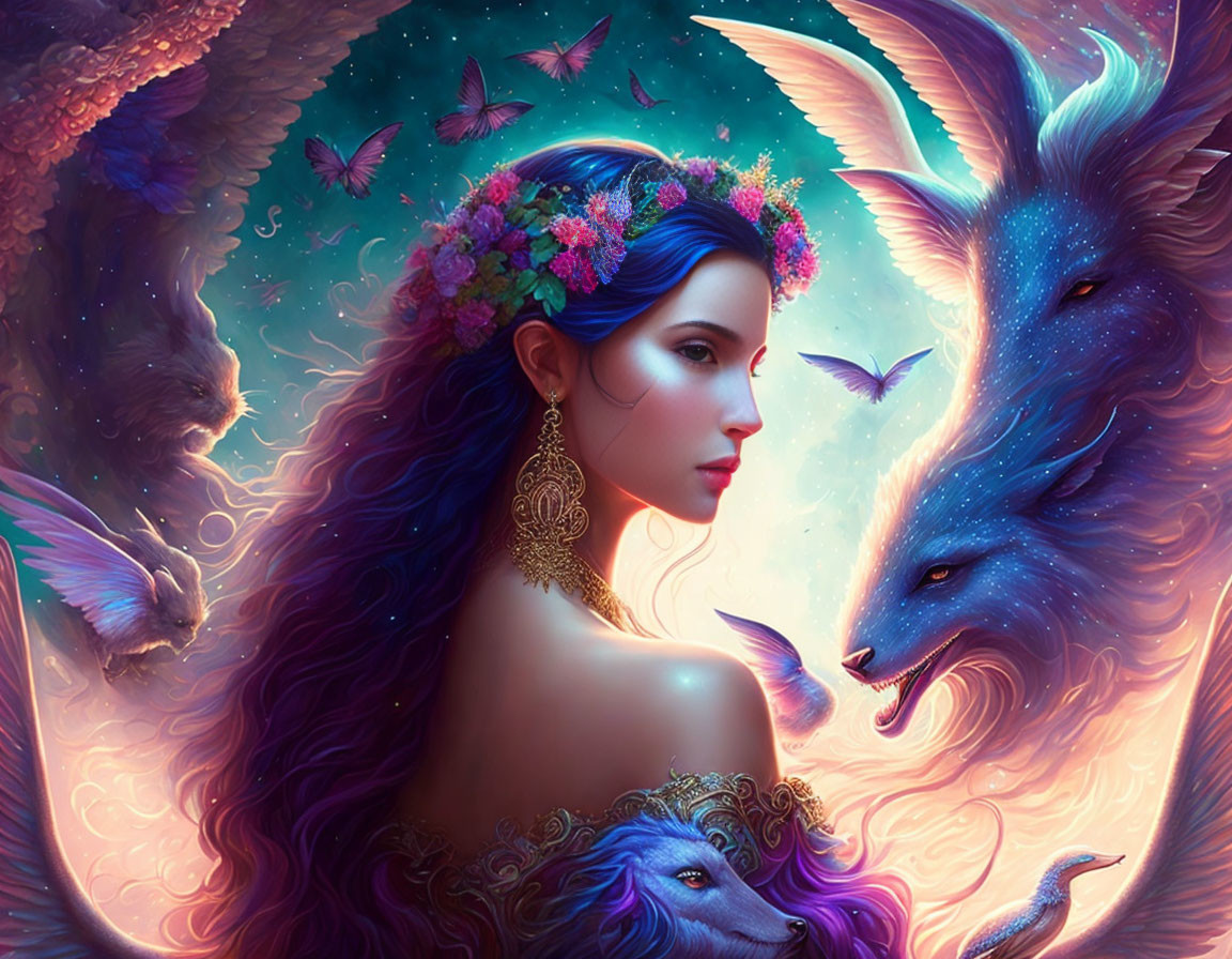 Fantasy image: Woman with floral crown, mythical wolves, butterflies in magical glow