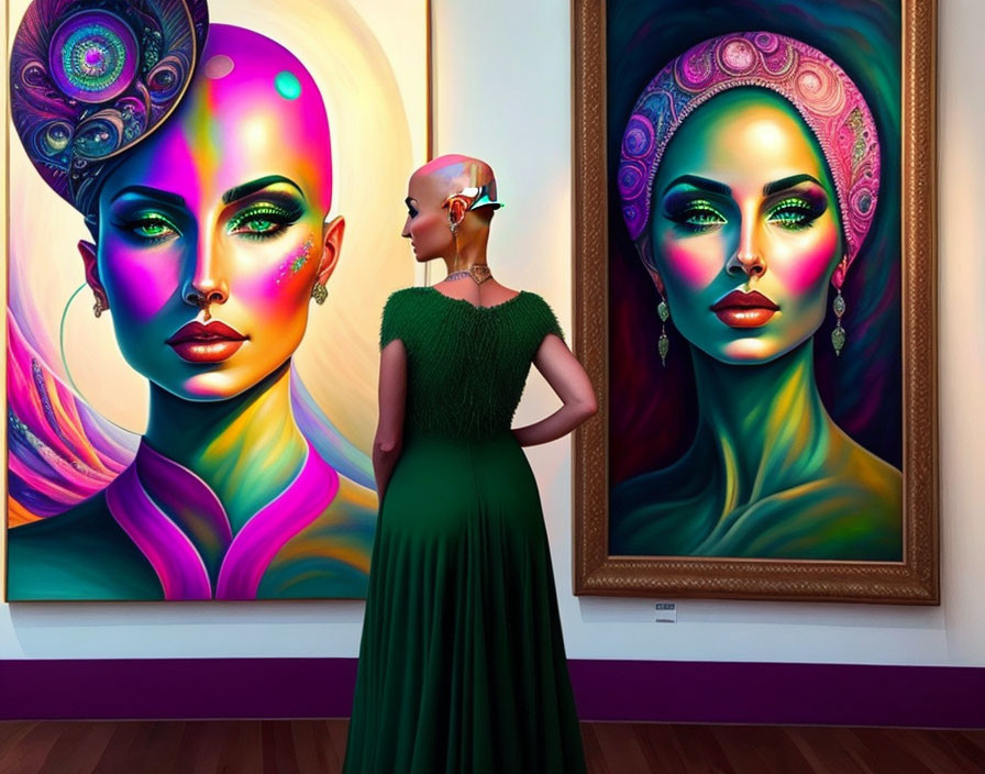 Woman in Green Dress Viewing Vibrant Portraits of Stylized Women