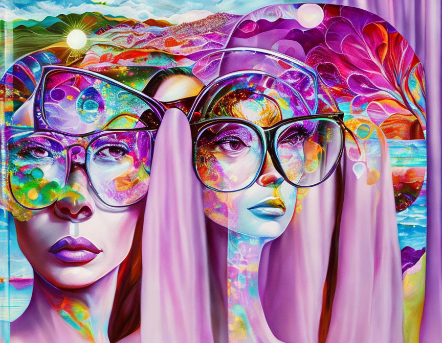 Colorful Digital Art: Woman with Oversized Glasses in Surreal Psychedelic Scene