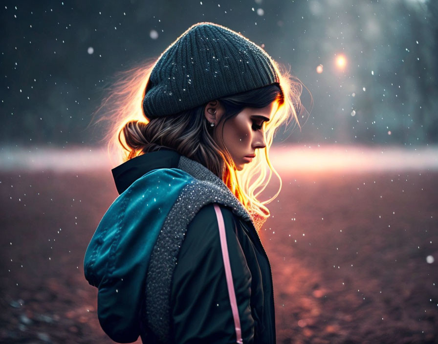 Person in Beanie and Jacket Standing in Snowfall at Twilight