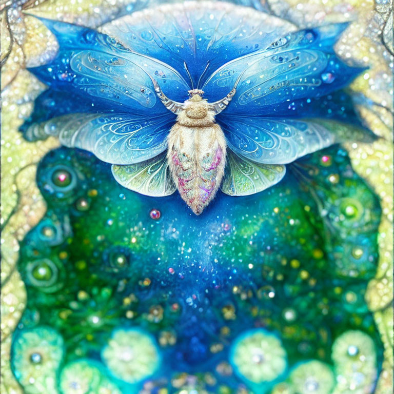 Colorful digital artwork: Fantastical moth with blue wings on green background