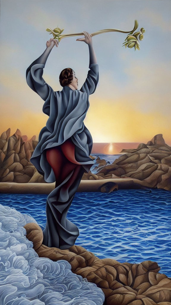 Surrealist painting of figure with flower trumpet by calm sea