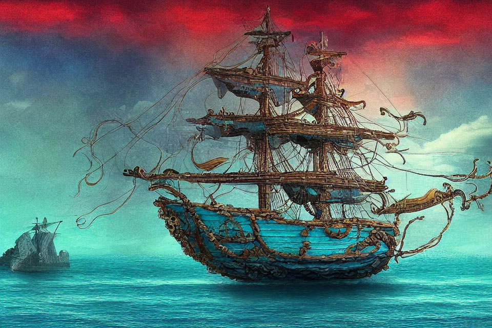 Vintage ship with tentacle-like details sailing under dramatic red and blue sky