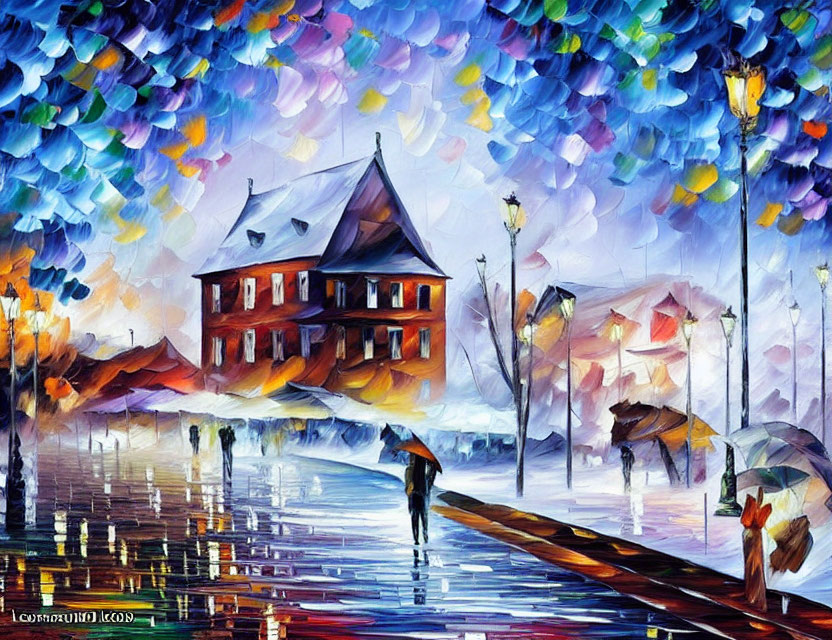 Colorful Impressionistic Street Scene with Rain Reflections