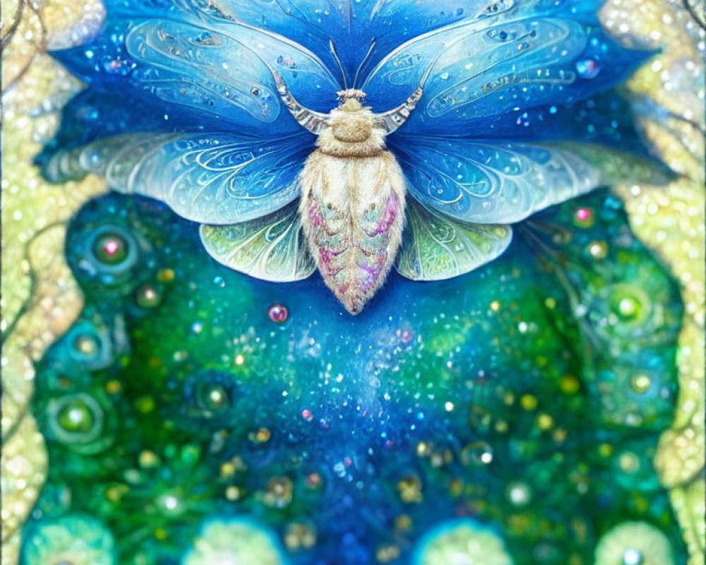 Colorful digital artwork: Fantastical moth with blue wings on green background