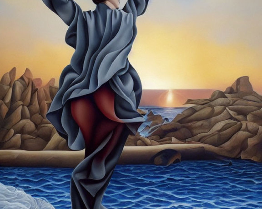 Surrealist painting of figure with flower trumpet by calm sea