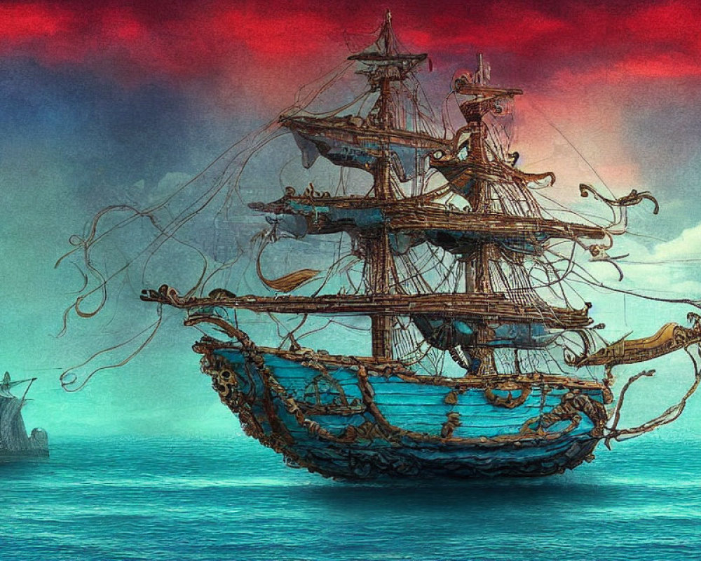 Vintage ship with tentacle-like details sailing under dramatic red and blue sky