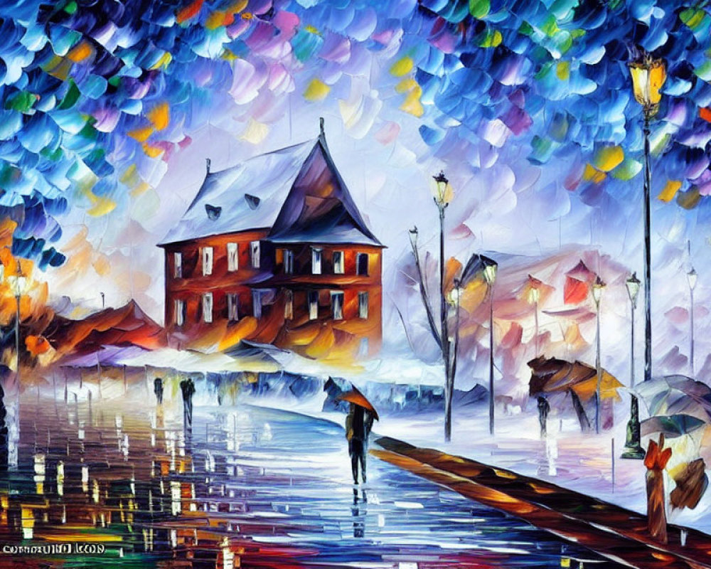 Colorful Impressionistic Street Scene with Rain Reflections