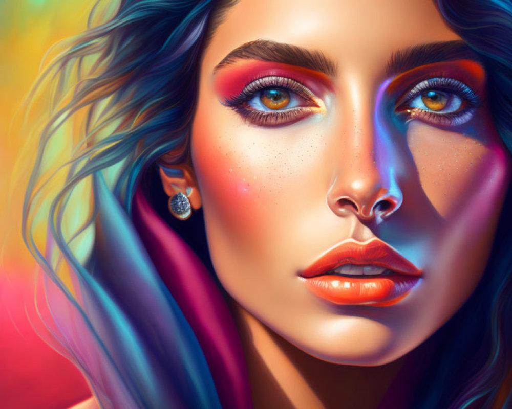 Vibrant digital portrait of a woman with blue eyes and colorful hair