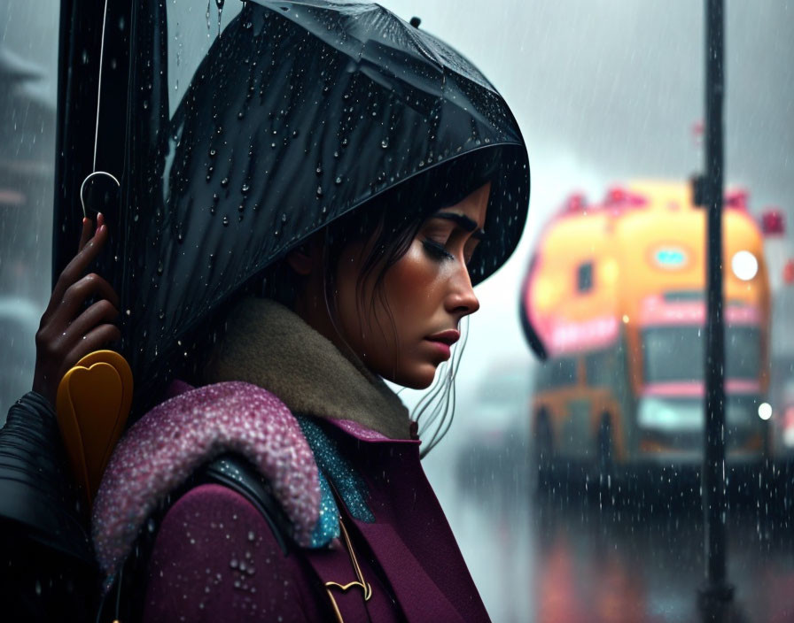 Woman with umbrella standing in rain, taxi in background, water droplets on attire.