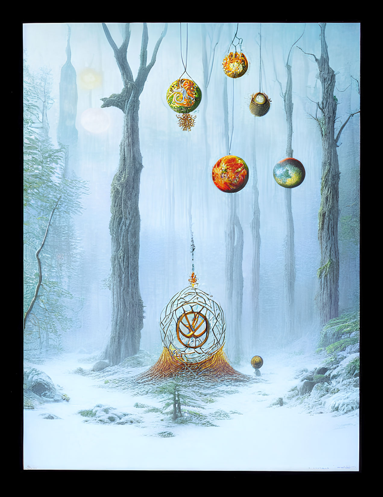 Ethereal winter forest with colorful baubles and ornate chair