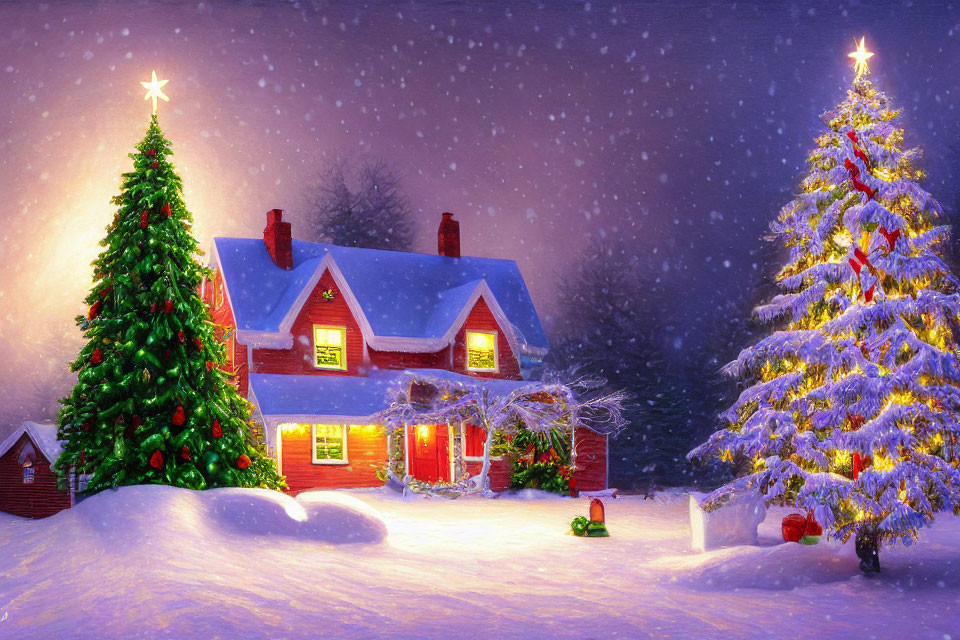 Snow-covered house with Christmas lights and decorated tree in snowy night scene