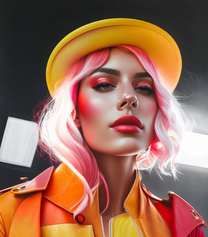 Portrait of woman with pink hair, red lipstick, yellow cap, and colorful jacket against dark backdrop