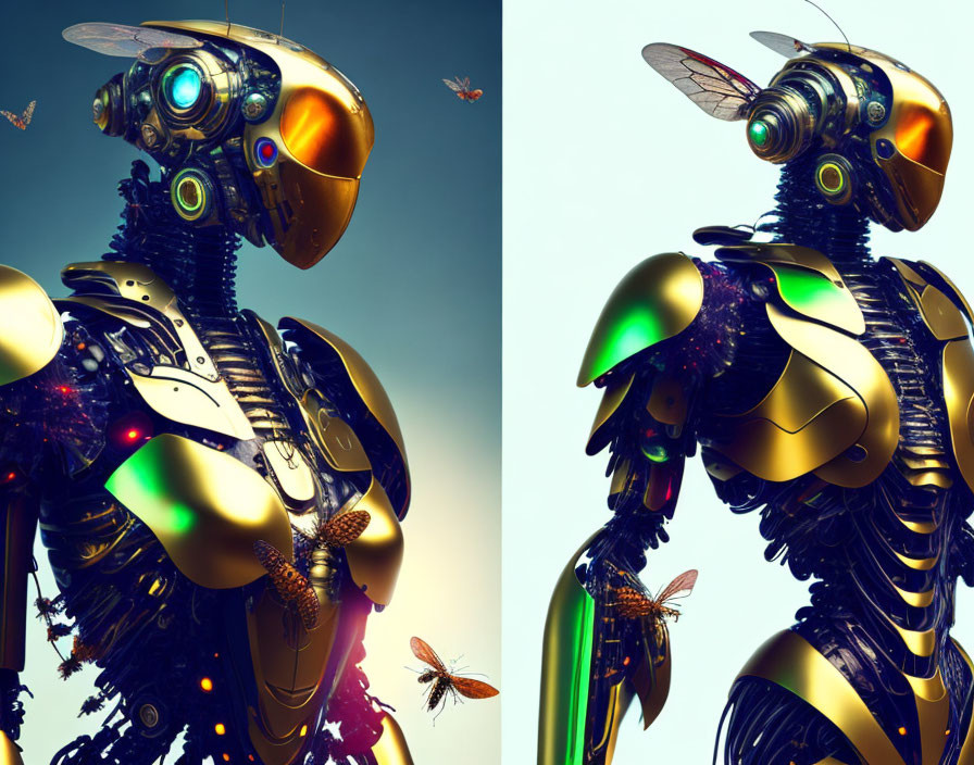 Detailed Futuristic Mechanical Bees Artwork in Golden Tones