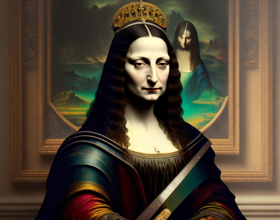 Digitally Altered Mona Lisa Portrait with Male Face and Crown in Gallery