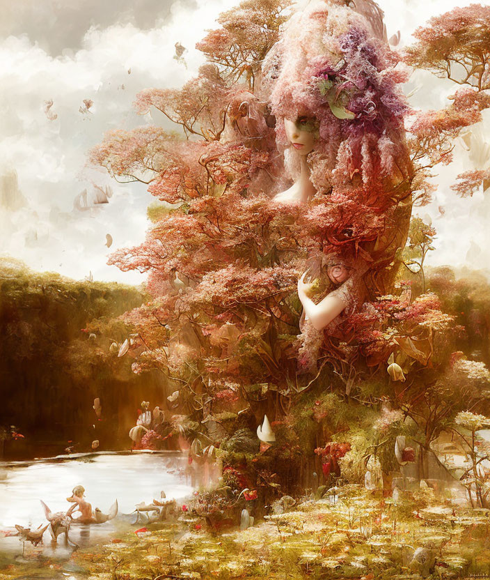 Ethereal artwork of woman's face merging with blooming tree in mystical forest