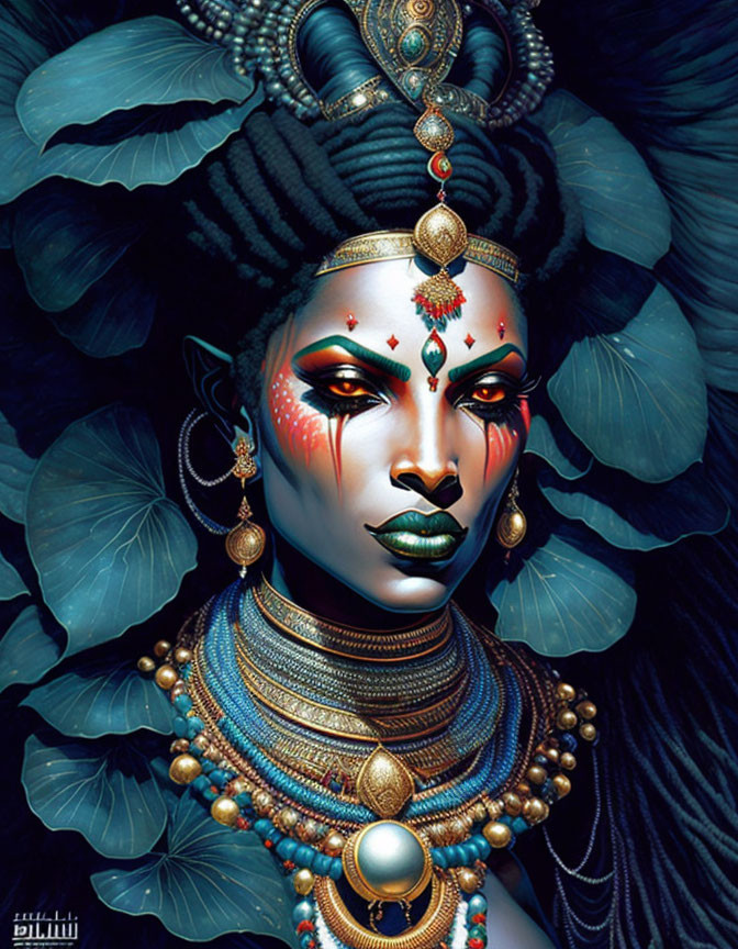 Striking figure with elaborate jewelry and facial paint