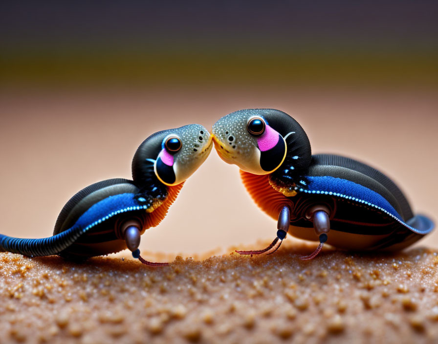 Vibrant colorful beetles on sandy surface with intricate patterns