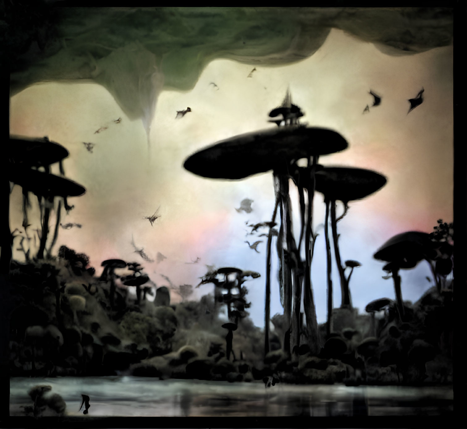 Dark surreal landscape with alien trees, murky water, flying creatures, and lone figure.