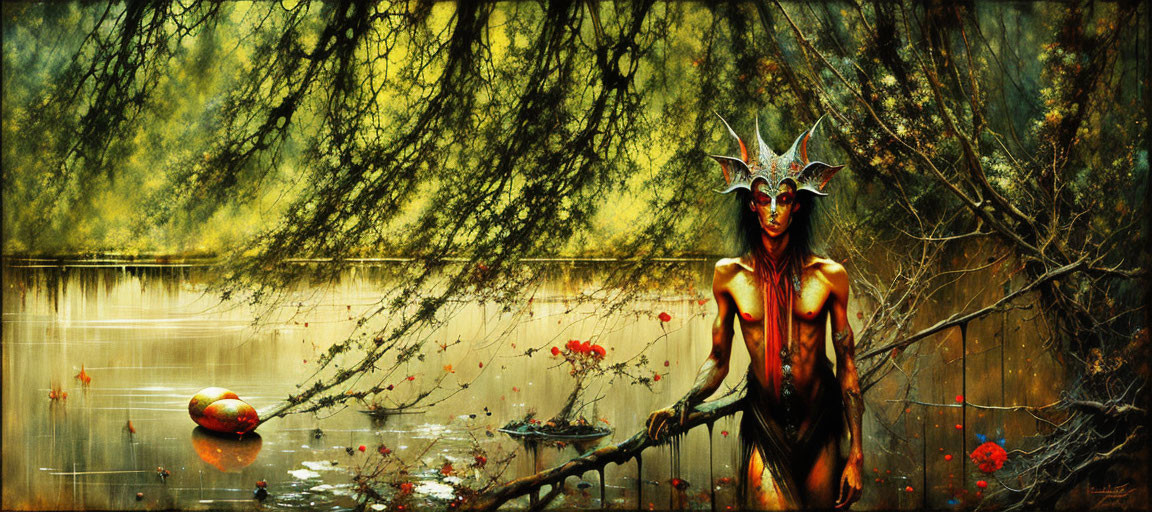 Ethereal figure with horns by serene lake in fantasy scene