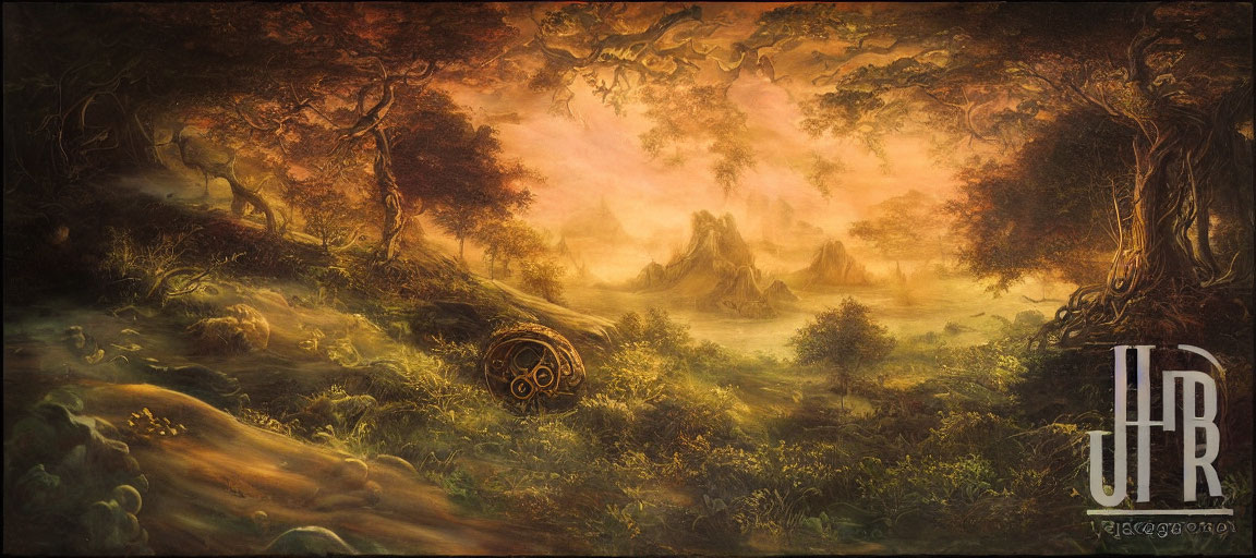 Ethereal forest landscape at dusk with golden light, abandoned wagon, mountain peaks