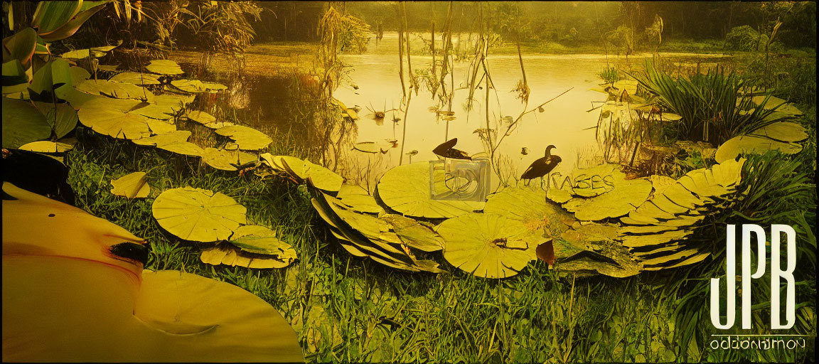 Birds perched on water lily pads in serene pond with rich vegetation and golden hue.