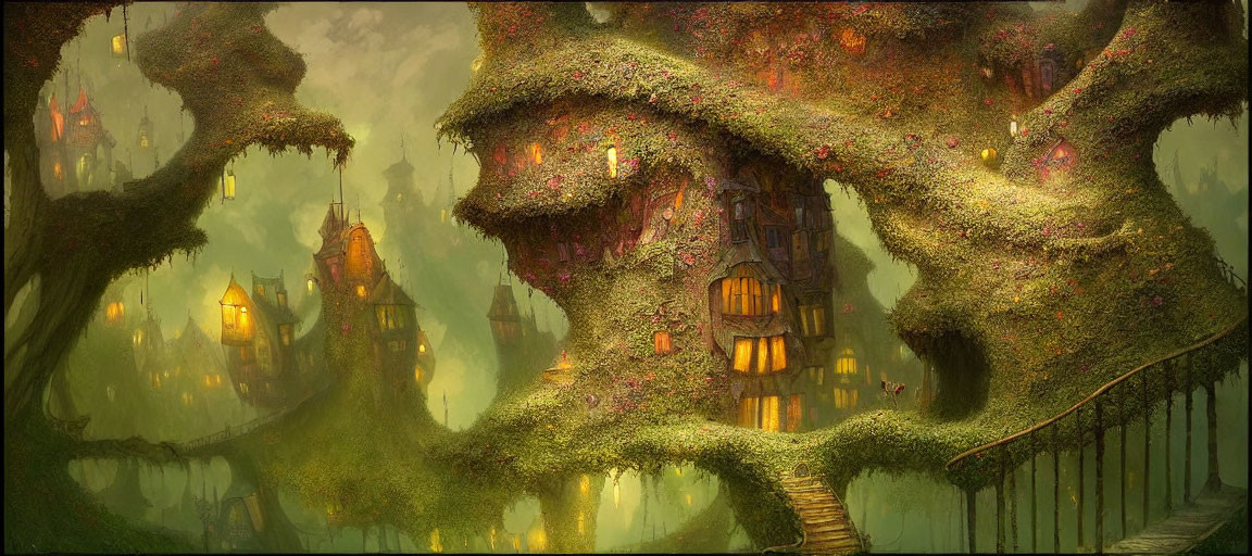 Enchanting forest with lantern-lit cottages in tree trunks