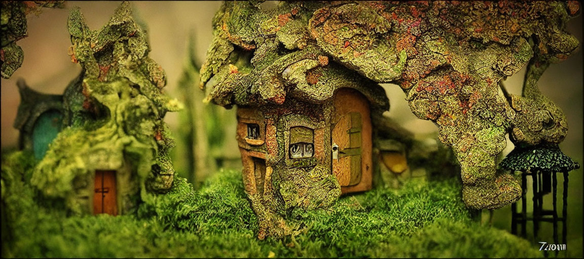 Miniature Moss-Covered Fantasy Houses Under Tree-Like Structures