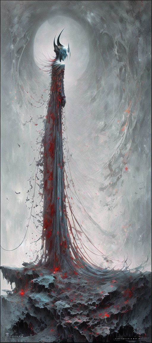 Ethereal artwork of towering figure in red and black cloak