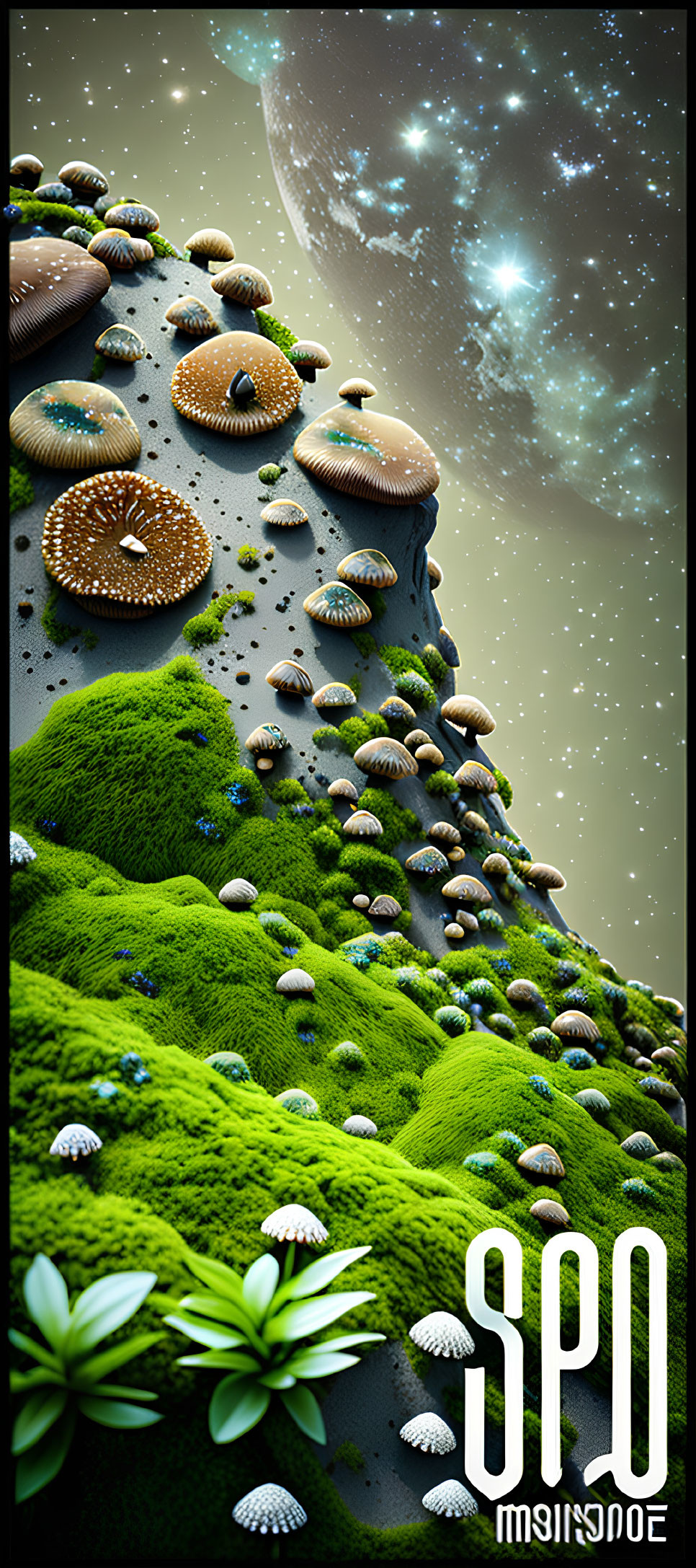 Fantastical mushroom structures on mossy terrain under starlit sky.