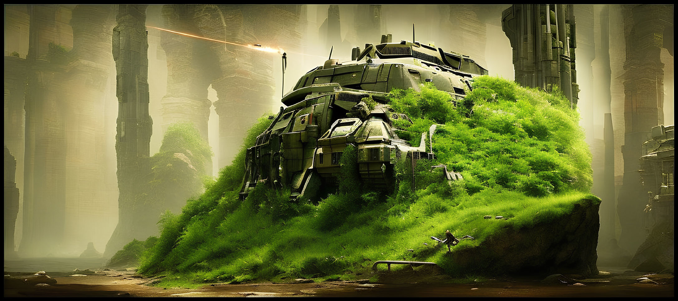 Overgrown futuristic tank in misty forest with towering structures