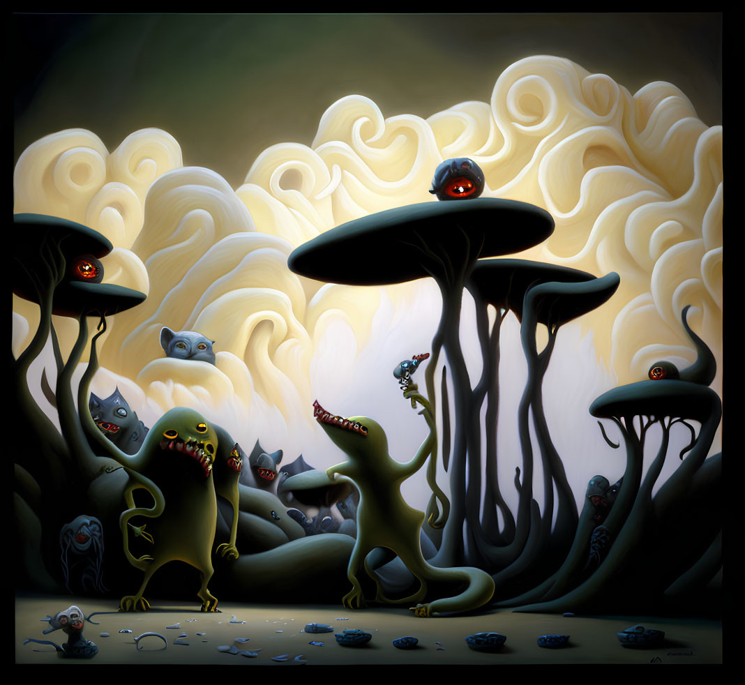 Fantastical scene with stylized creatures and towering mushrooms under creamy sky