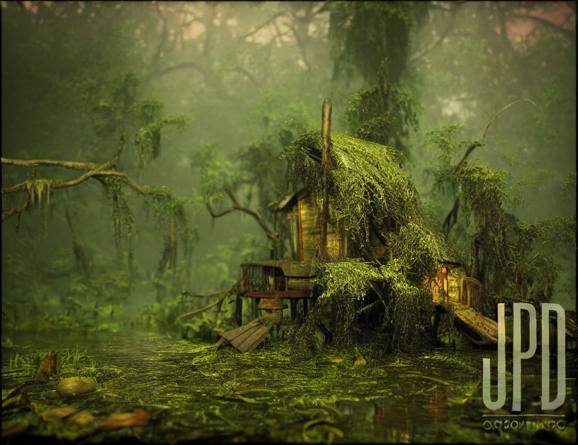 Moss-covered cabin in foggy swampy forest