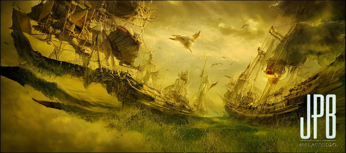 Fantastical seascape with ships and dragon in stormy golden hues