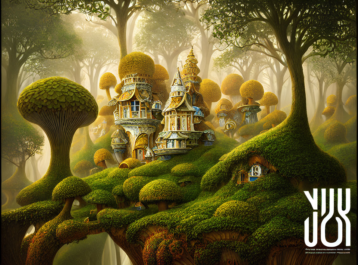 Whimsical digital artwork: Oversized mushrooms in a fairy-tale forest