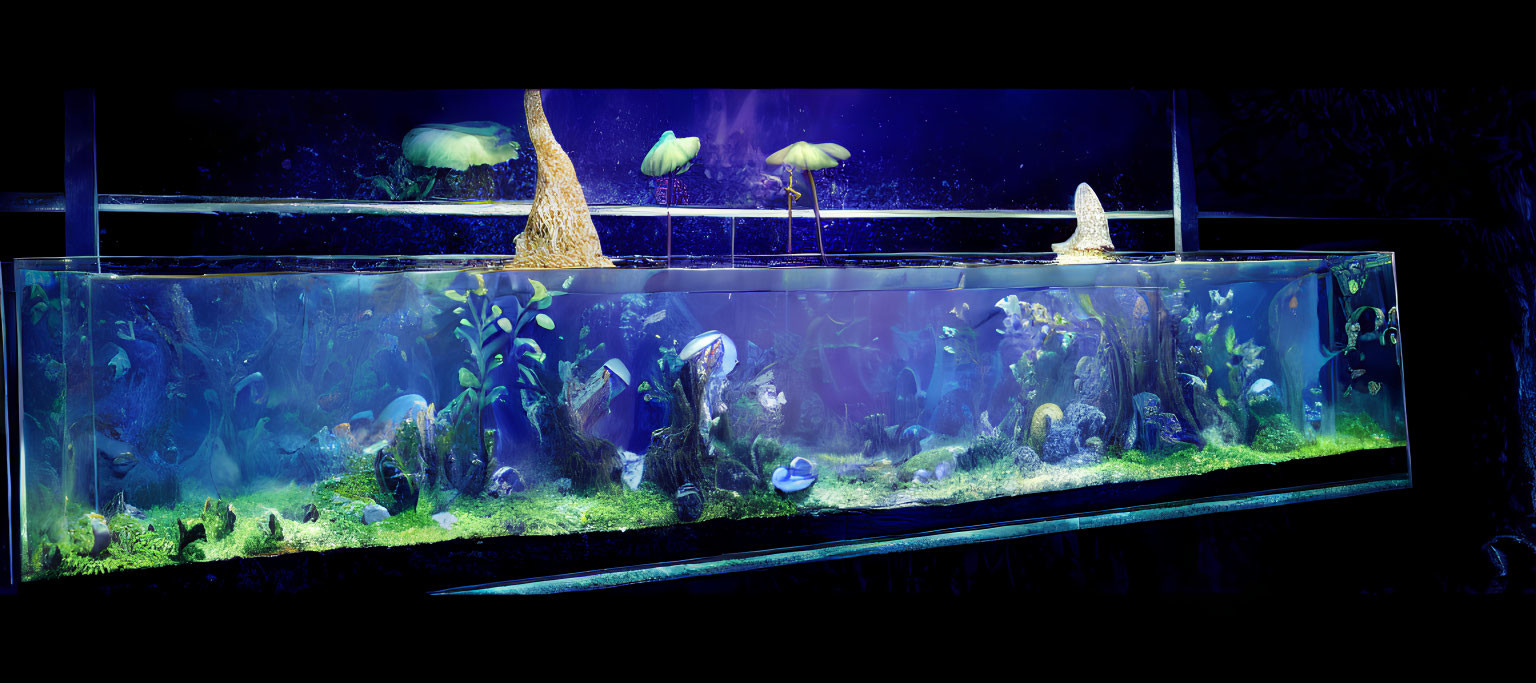 Colorful Fish and Mushroom Decor in Illuminated Aquarium