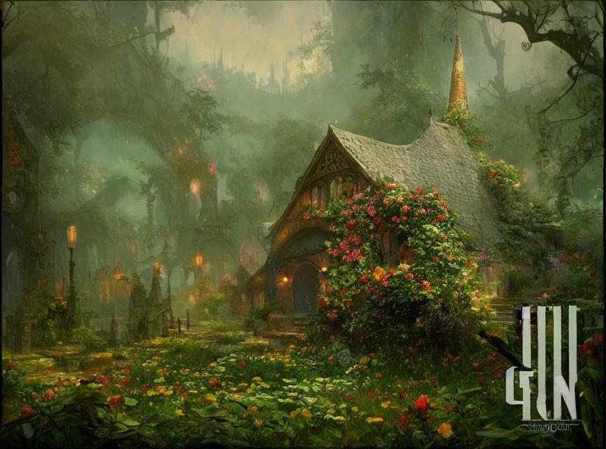 Enchanting ivy-covered cottage in mystical forest with lanterns and fog