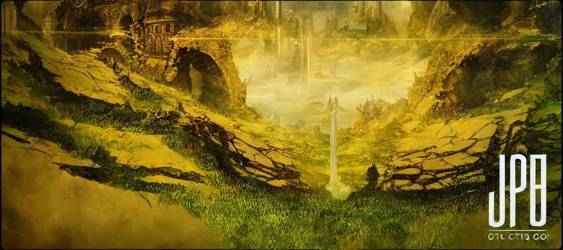 Fantastical landscape with grand canyon, waterfall, ruins, arches, & mysterious tower